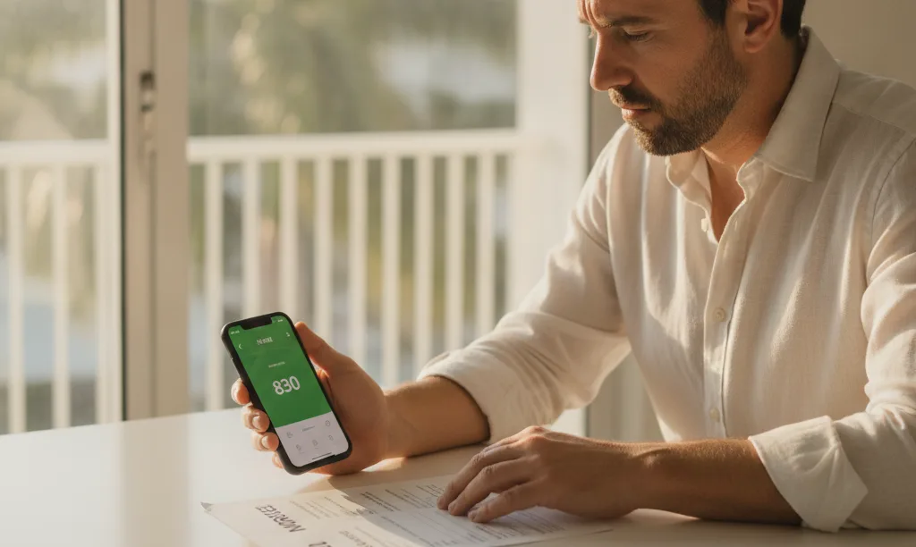 Man in Miami apartment comparing credit scores.