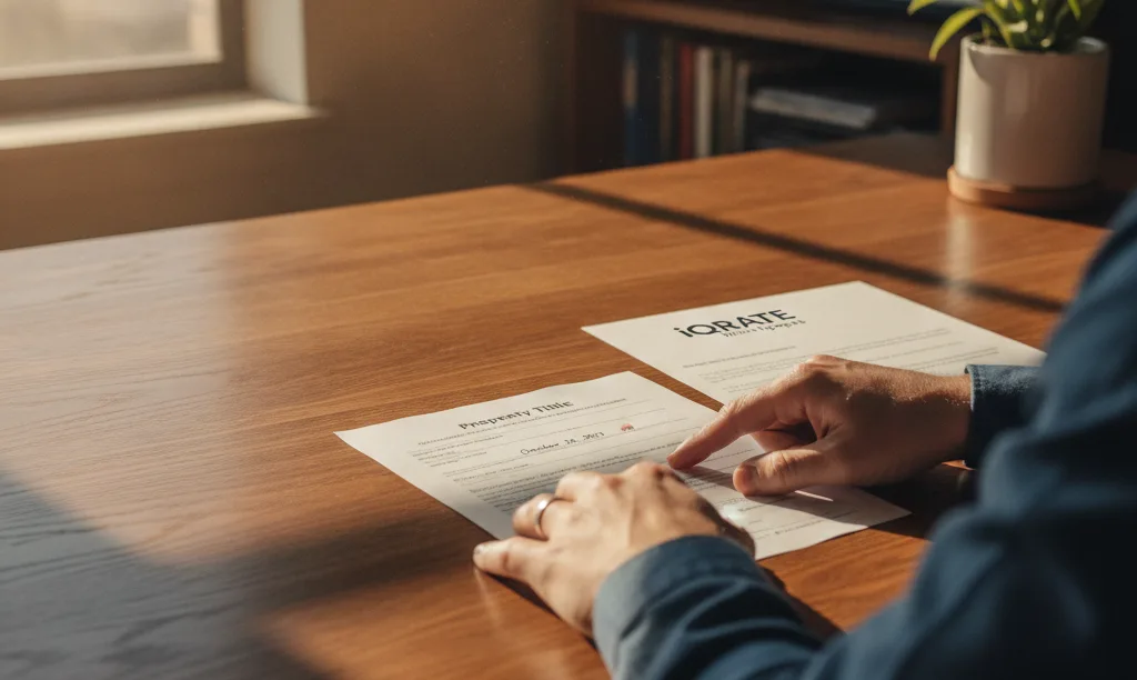 Person reviewing mortgage title documents from iQRATE Mortgages.