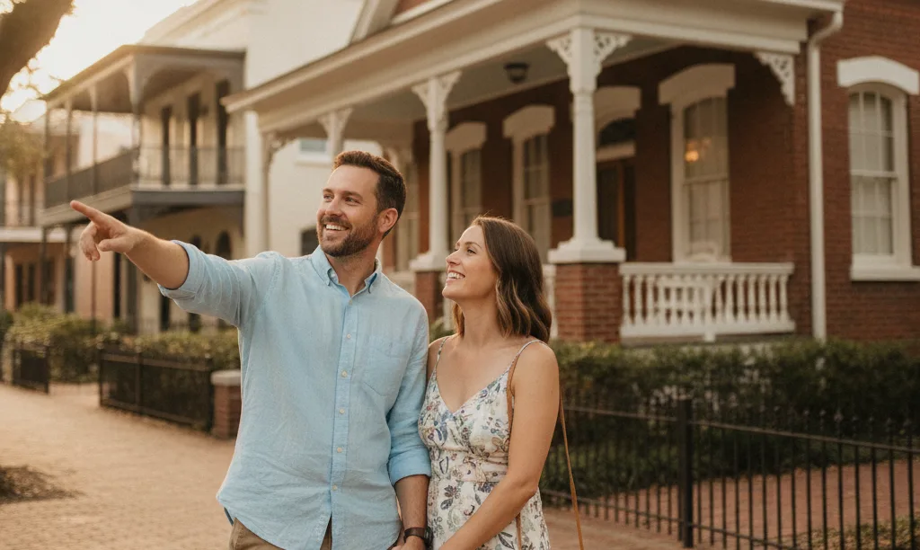 A hopeful couple admiring a historic Tampa home.