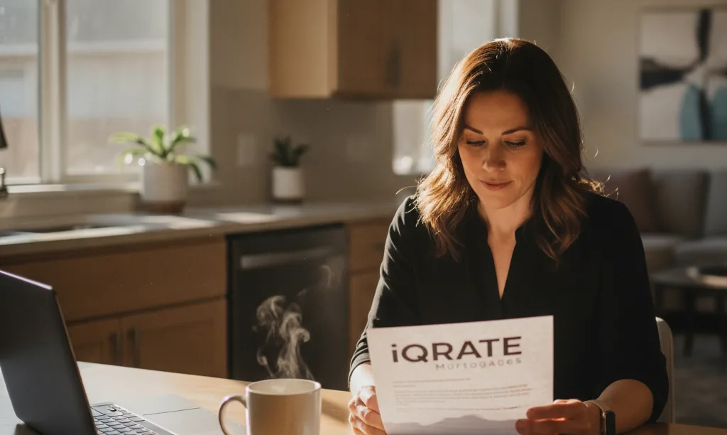 Woman confidently reviewing iQRATE Mortgages home documents.