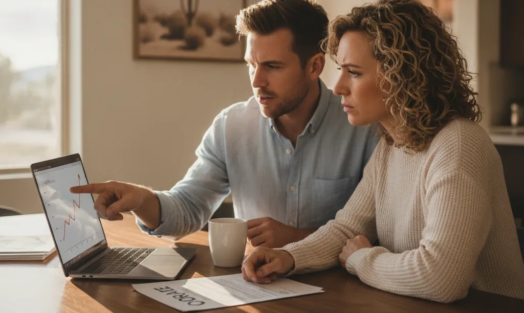 Couple reviewing high mortgage payments in Nevada.