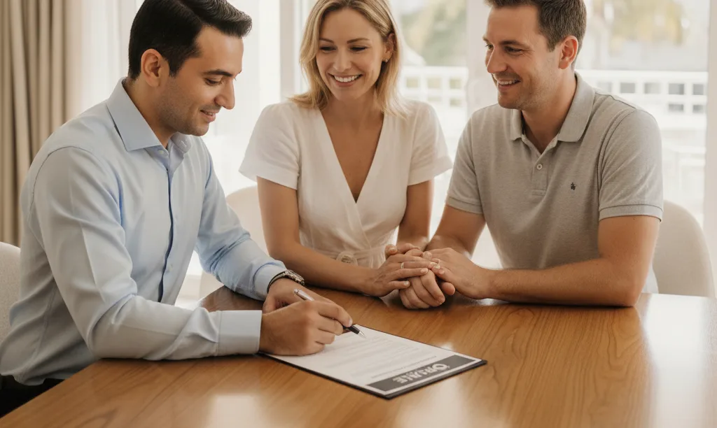 Mortgage advisor reassuring a happy couple during closing.