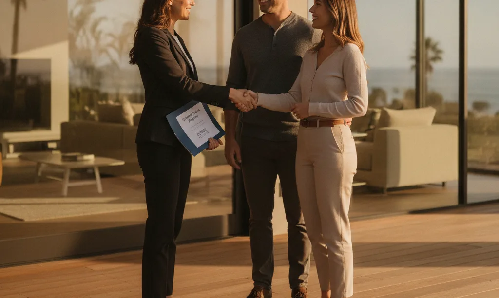 Real estate agent and couple shake hands.