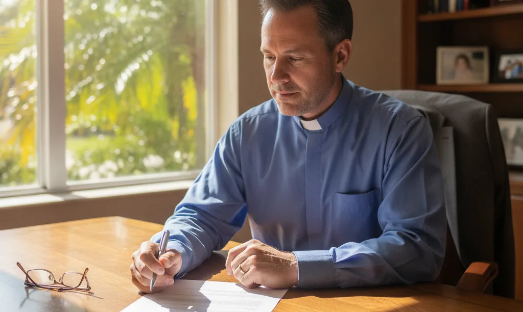 Florida clergyman reviewing iQRATE Mortgages housing allowance documents.