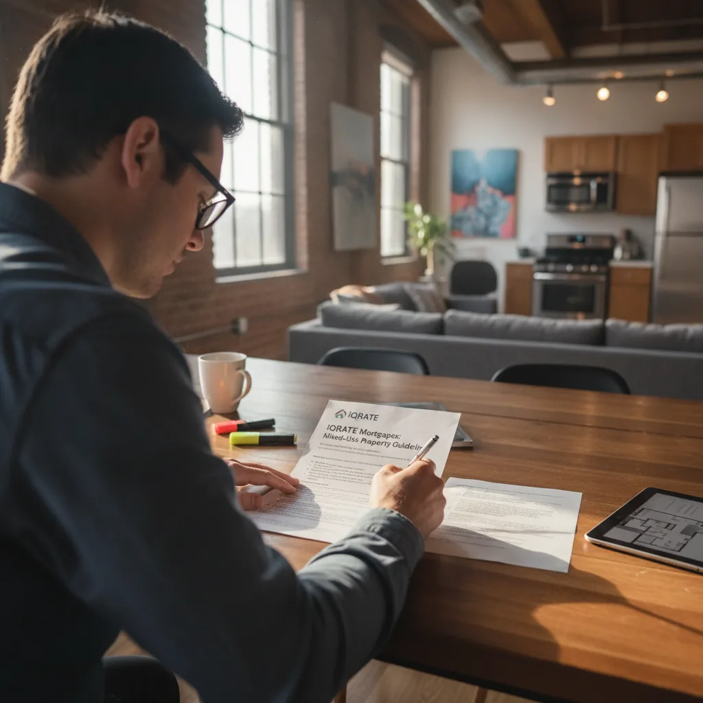 Appraiser reviewing blueprints for a mixed-use property