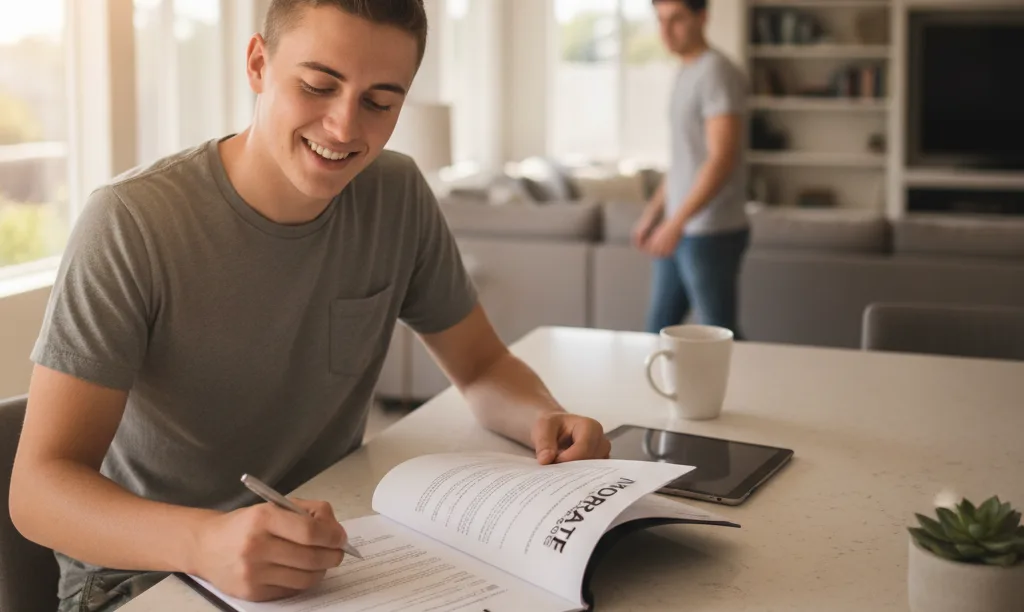 Military service member reviews VA loan documents.