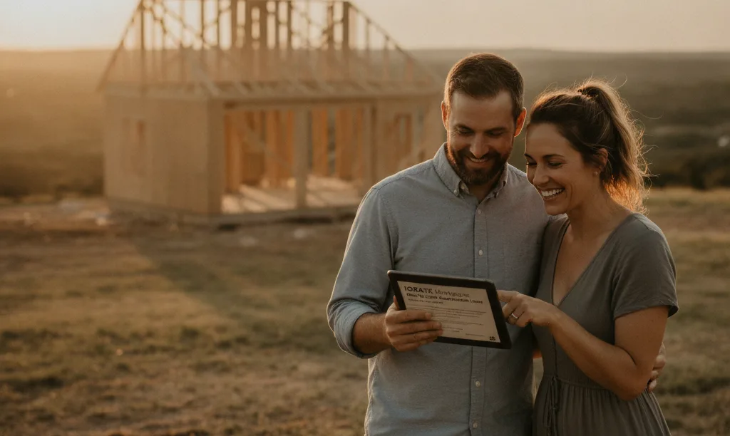 Couple reviewing iQRATE Mortgages loan on Texas home site.
