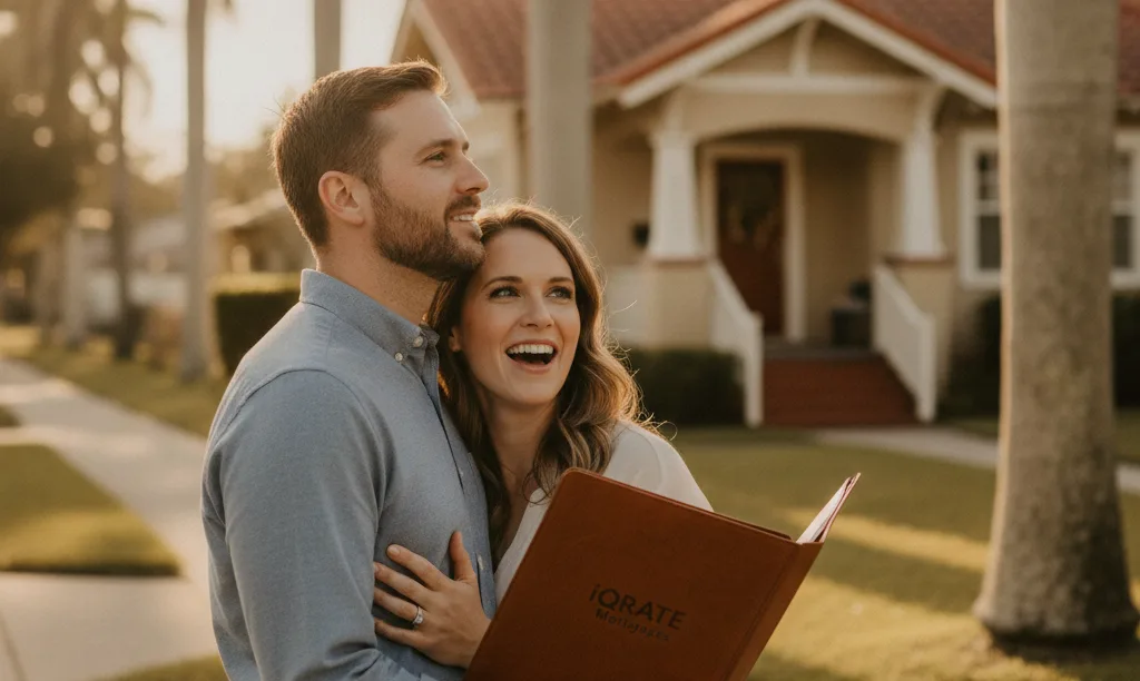 Couple hopefully viewing a Tampa home with folder.