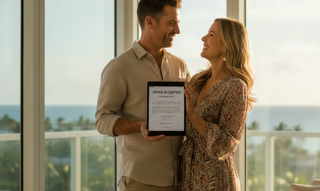 A happy couple celebrating in their new Miami home.