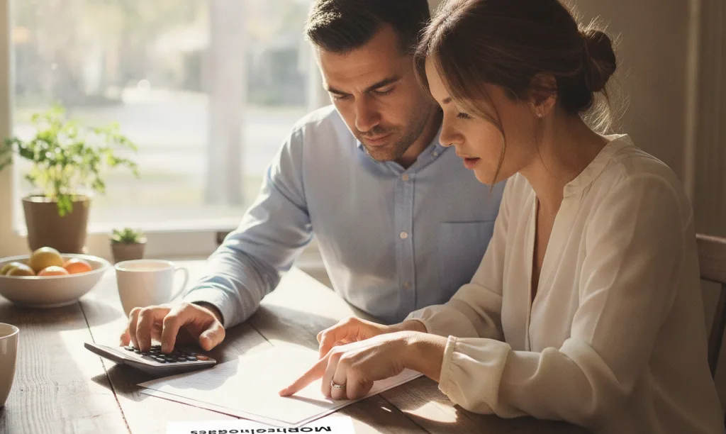 Couple reviewing iQRATE Mortgages refinance document in kitchen.