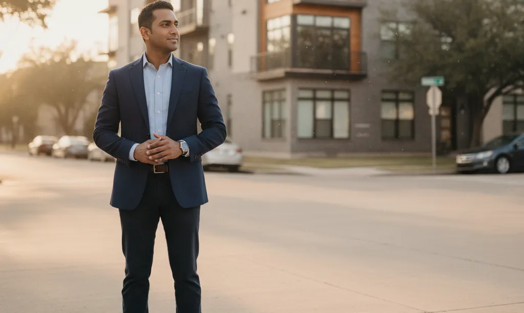 Real estate investor admiring a Dallas fourplex.