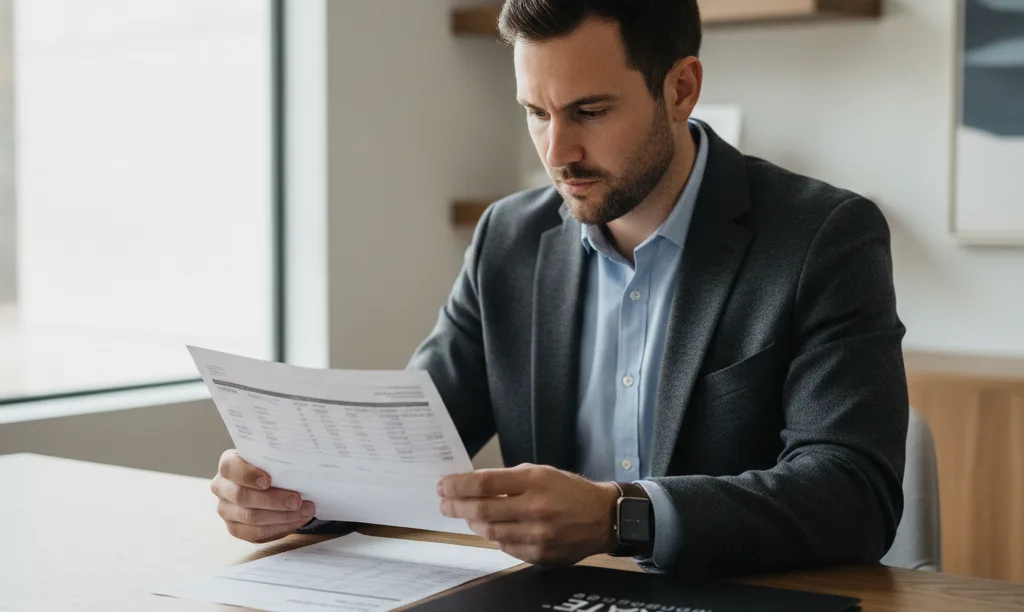 Investor reviews Texas tax papers with iQRATE Mortgages folder.