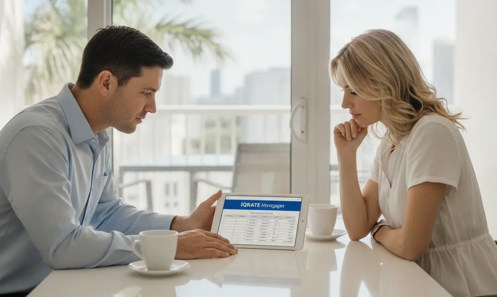Couple reviewing iQRATE Mortgages loan options in Miami.