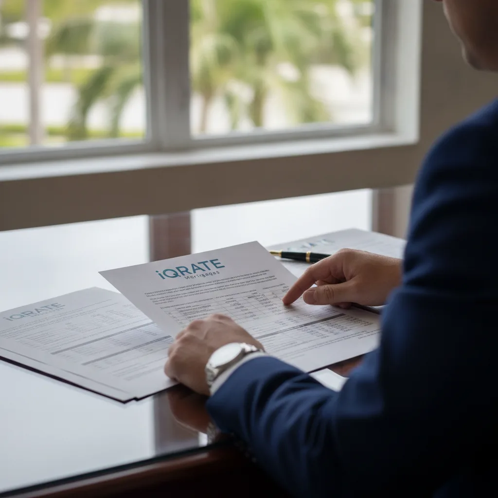 Mortgage strategist reviewing complex financial documents with a client.