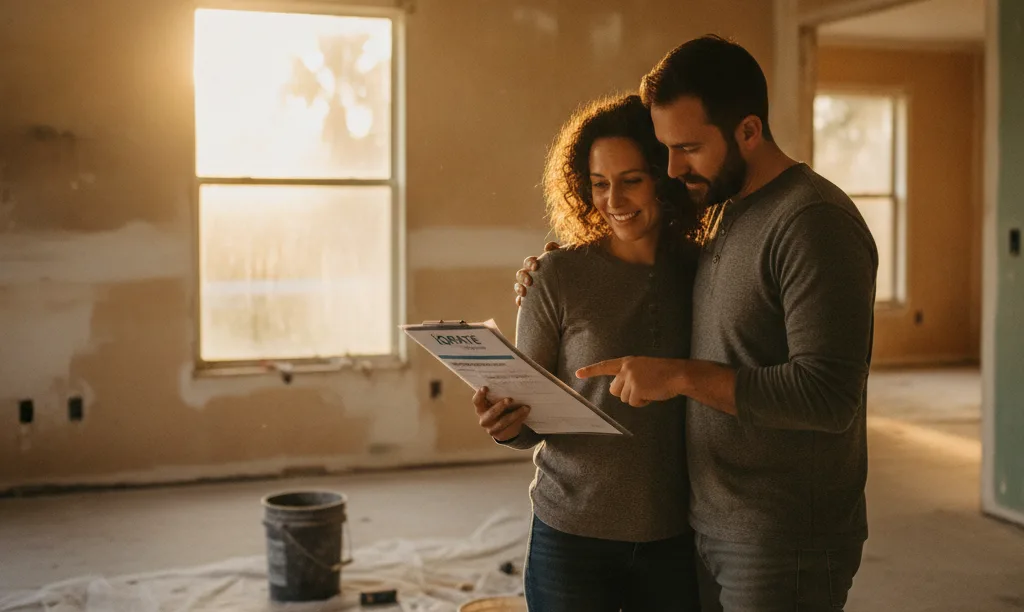 Couple reviewing contractor bids in a Florida home.