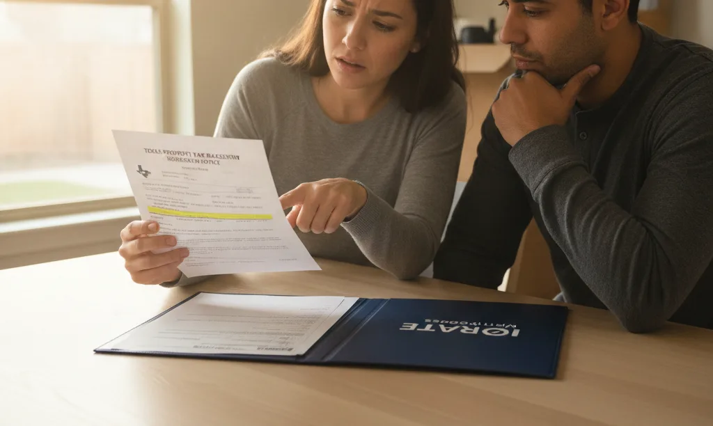 Couple reviewing an Austin property tax notice.