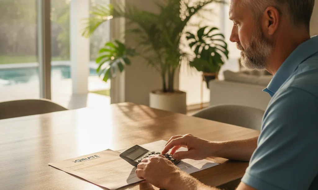 Veteran calculating VA IRRRL costs with iQRATE Mortgages document.