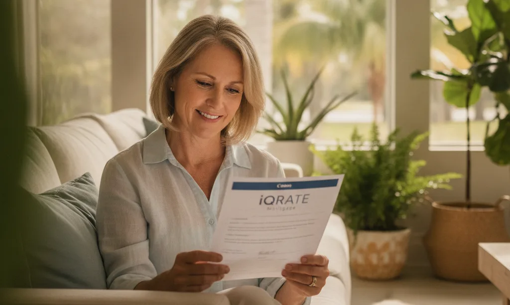 Person smiling while holding an iQRATE Mortgages document.