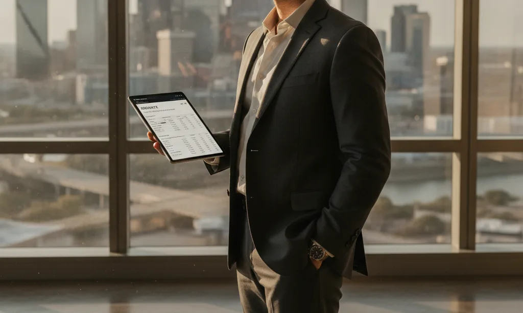 Investor with iQRATE Mortgages tablet overlooks Dallas.