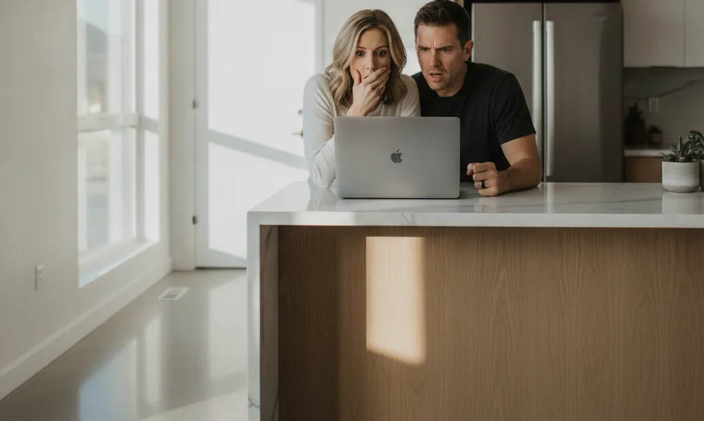 Couple looking concerned at a laptop screen.