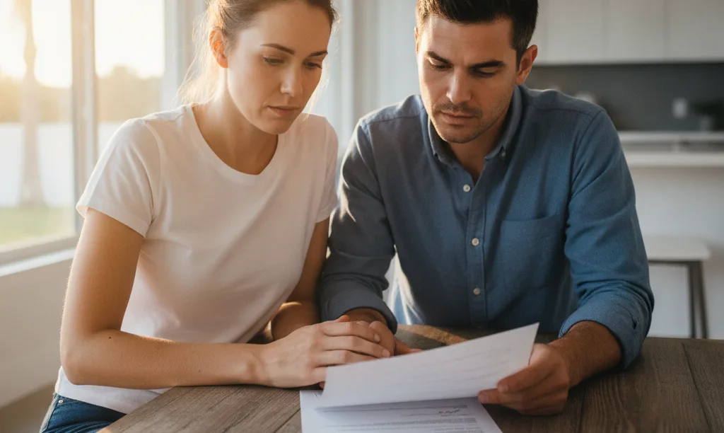 Couple reviewing an iQRATE Mortgages FHA statement.