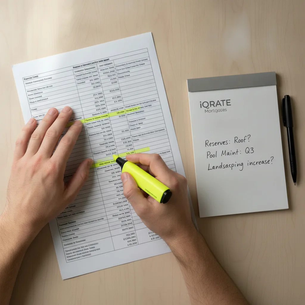 Close-up of an HOA budget document highlighting key financial figures.