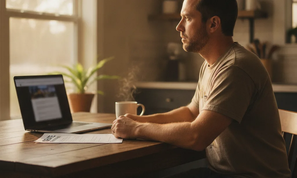 Veteran at kitchen table contemplating VA loan.