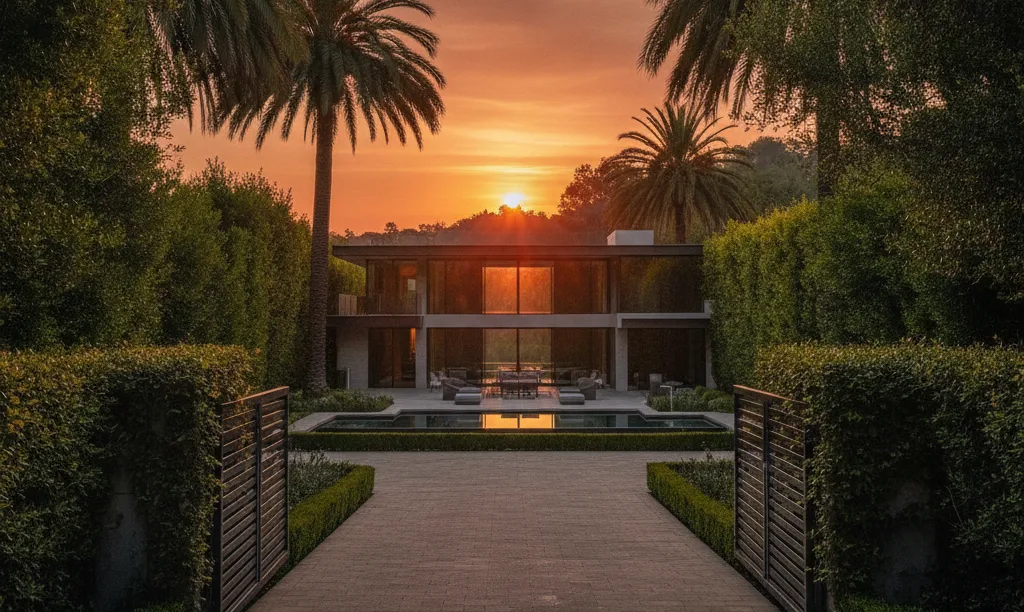 Private luxury Beverly Hills mansion at sunset.