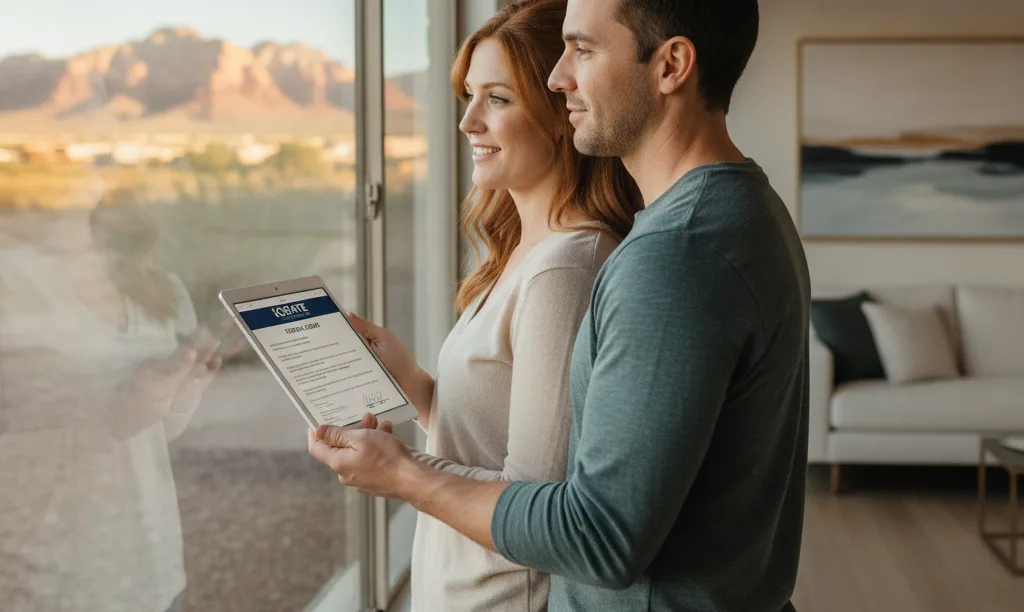 Couple discussing iQRATE Mortgages on a tablet.