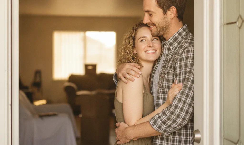 Hopeful couple smiling in their new California home.