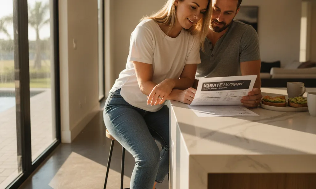 A couple reviewing iQRATE Mortgages loan options.