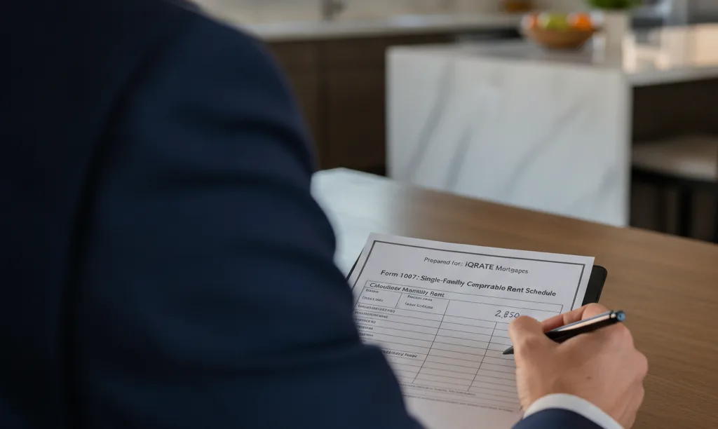 Appraiser reviews Form 1007 for iQRATE Mortgages.
