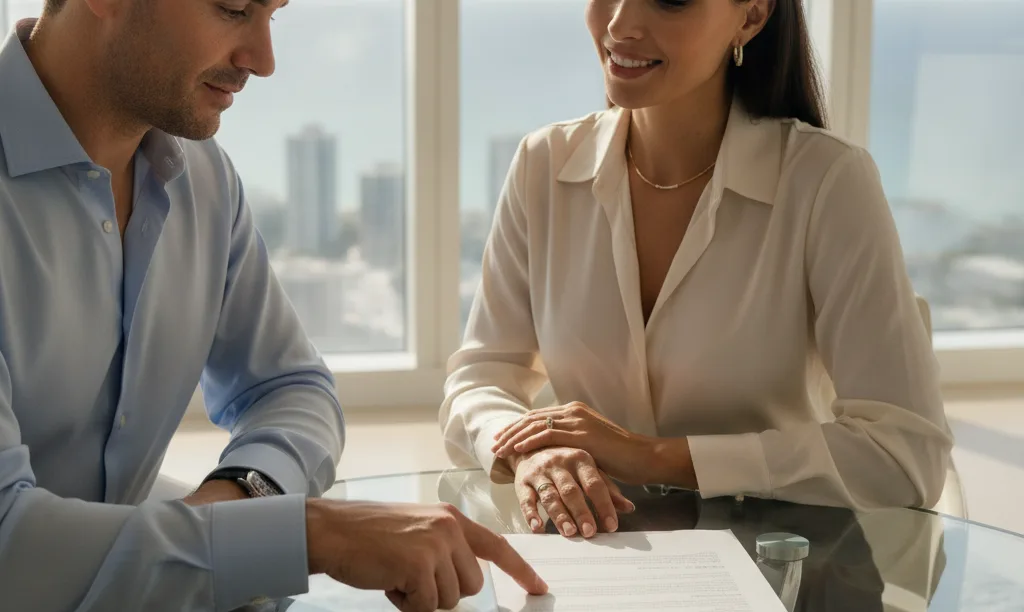Couple reviewing jumbo loan documents in Miami high-rise.