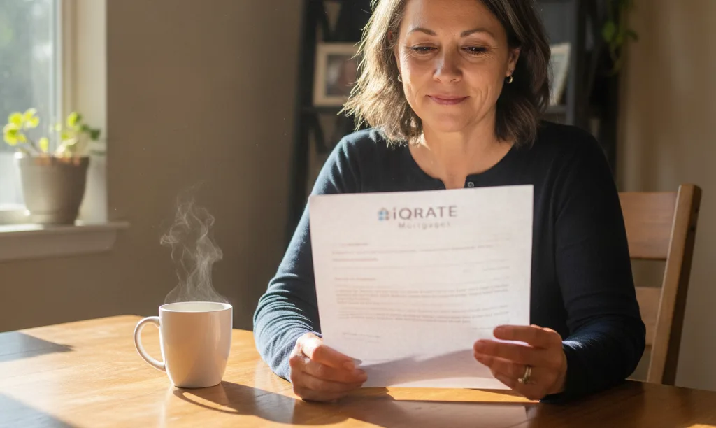 Caregiver reviews iQRATE Mortgages papers in sunny home.