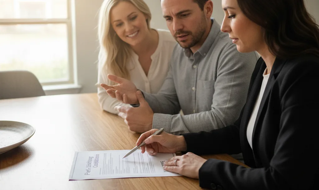 Agent showing homeowners a property certification document.