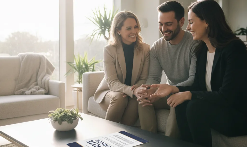 Realtor and couple discussing mortgage review in home.