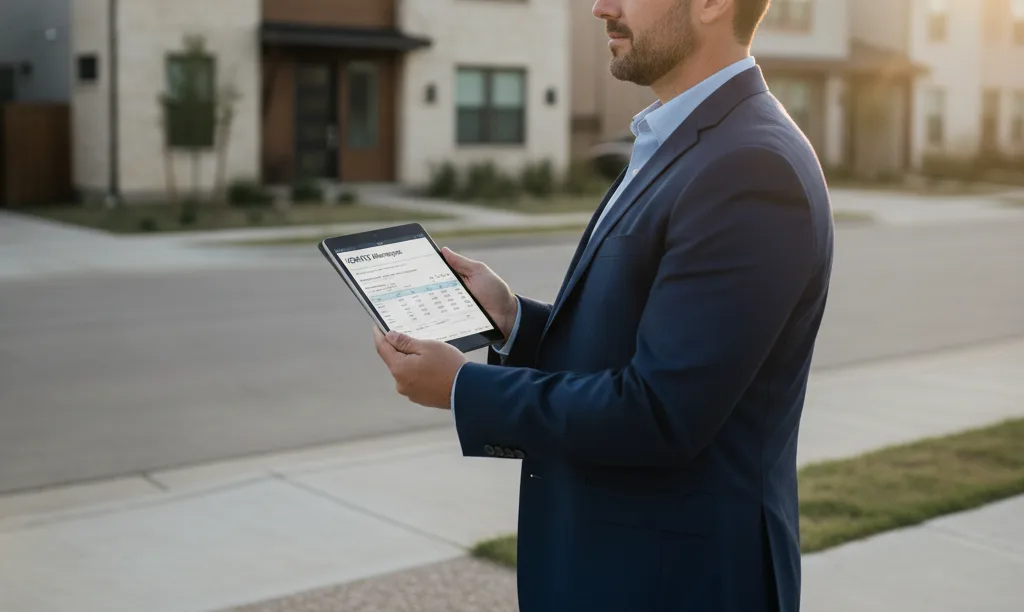 Investor with tablet reviews Texas investment property.
