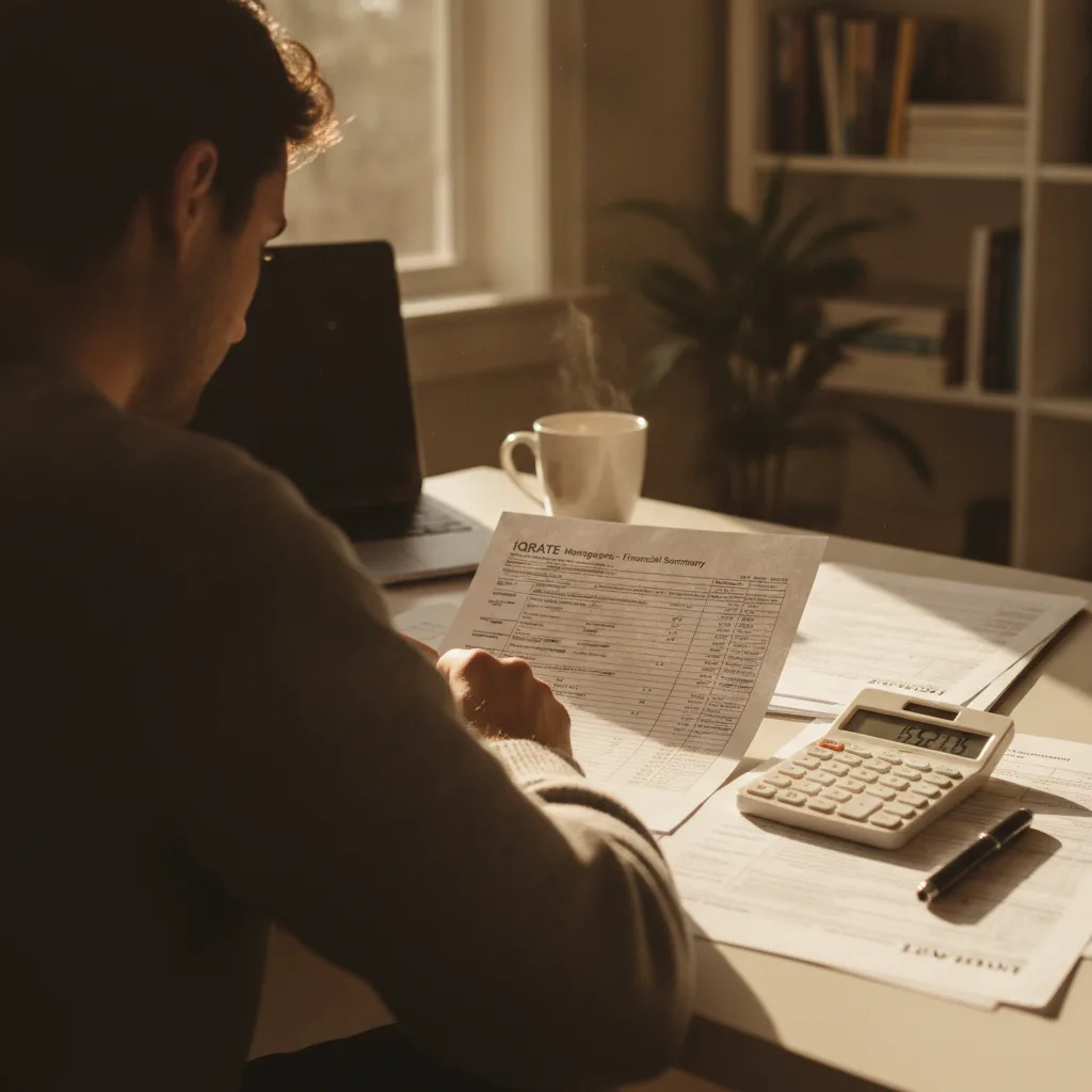 Business owner organizing financial documents for a California mortgage application.