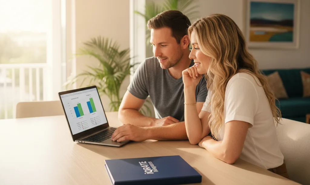 Couple analyzes FHA vs conventional loans with iQRATE Mortgages.
