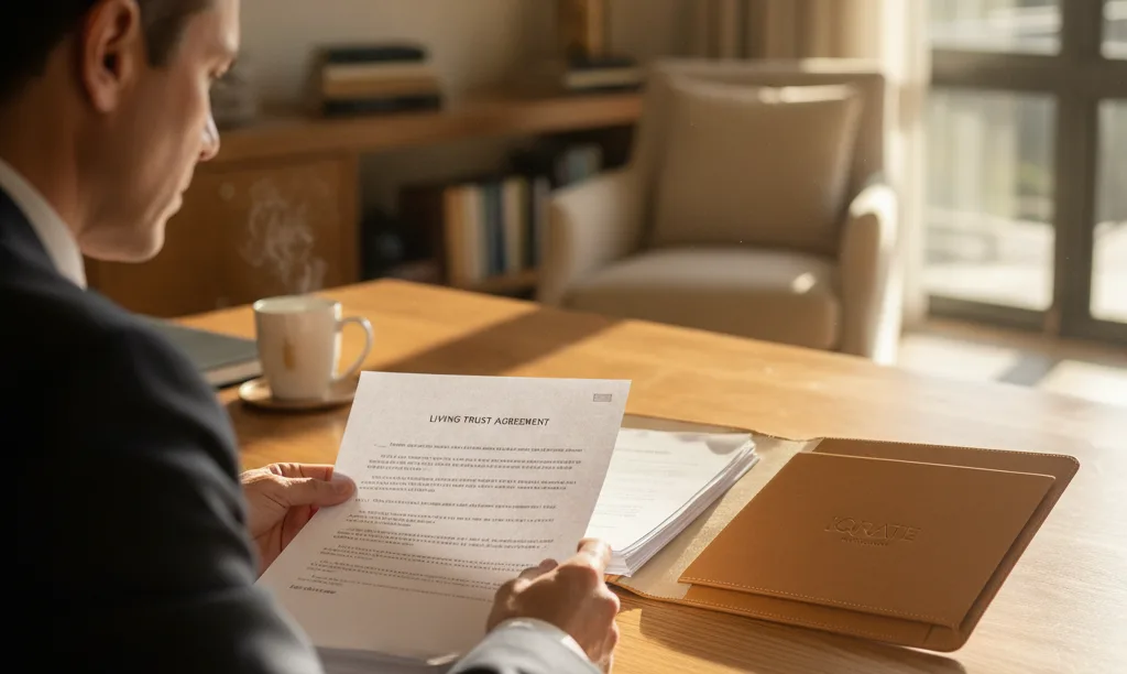 Person reviewing trust documents in sunny home office.
