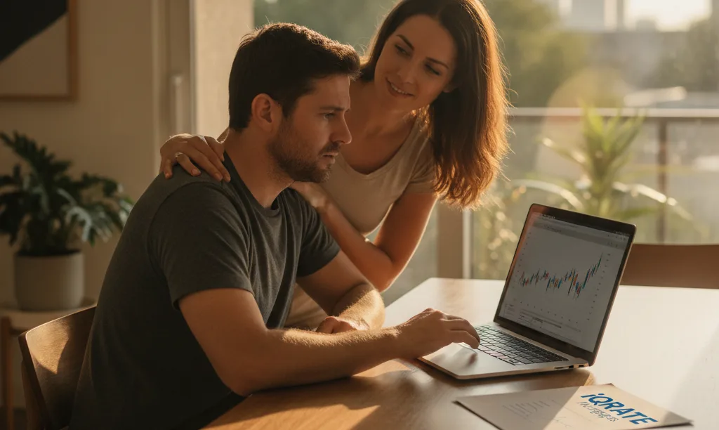 Couple reviewing iQRATE Mortgages document with concern.