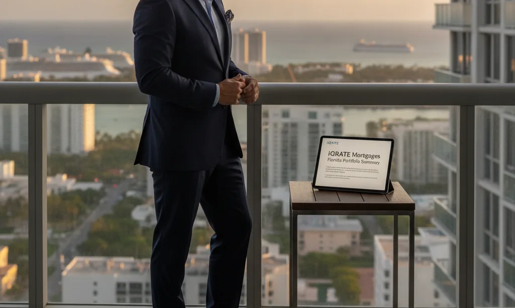 Investor on Miami balcony reviewing iQRATE Mortgages portfolio.
