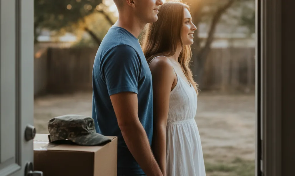Military couple at the doorway of new home.