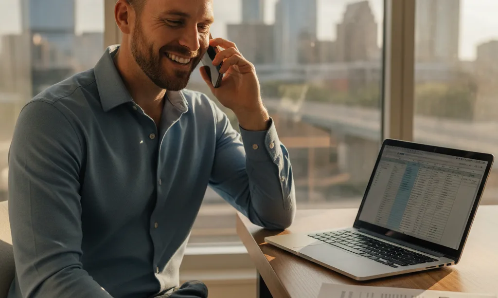 Business owner in Austin office relieved on phone.