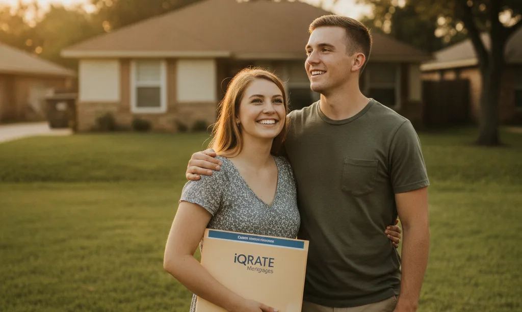 Young military couple proudly viewing their new home.