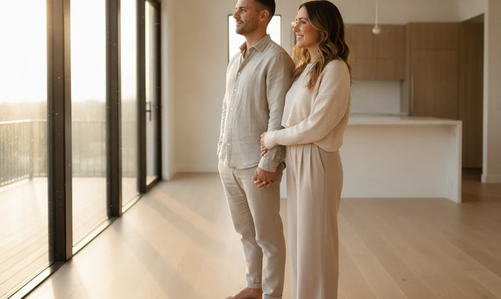 Hopeful couple stands in their new California home.