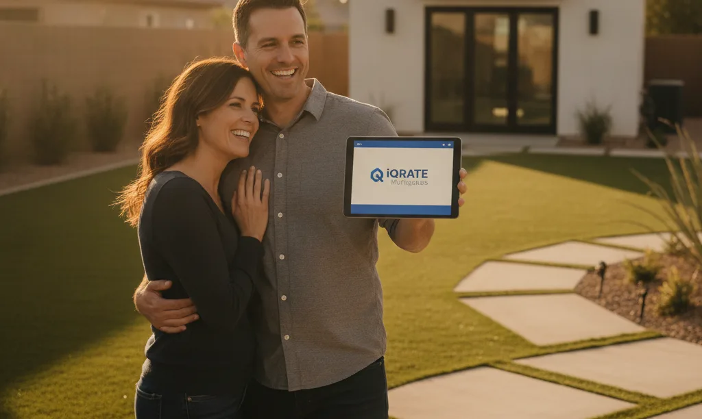 Couple reviewing iQRATE Mortgages info with Las Vegas casita.