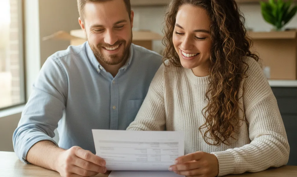 Couple happily reviewing iQRATE Mortgages loan document.