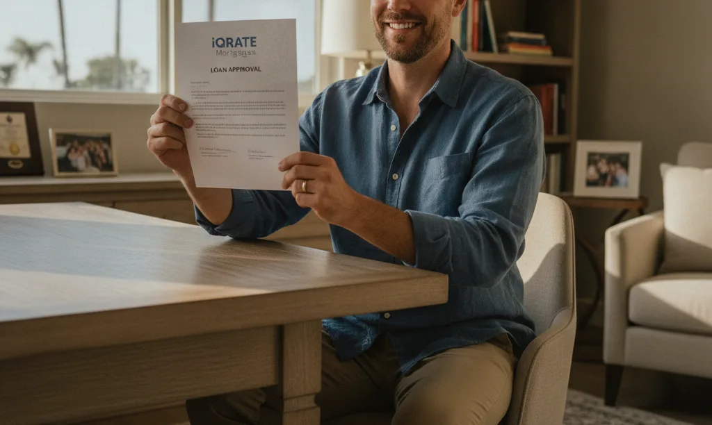 Veteran business owner reviews iQRATE Mortgages loan documents.