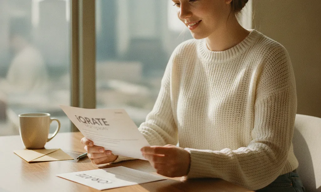 Woman reviewing iQRATE Mortgages document in Houston.